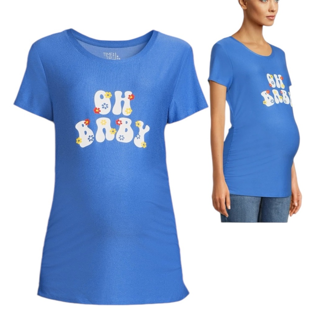 Time and Tru Women's Maternity Graphic Tee with Short Sleeves Size S (4-6) Blue